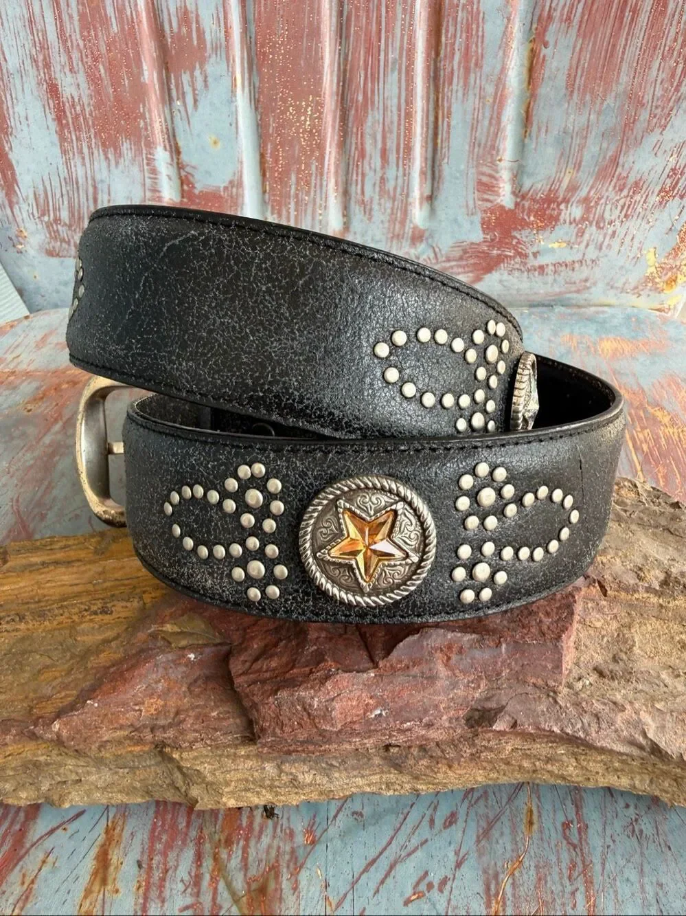 Vintage Roper Black Leather Western Belt Studded Gold Star Concho Size 30/32